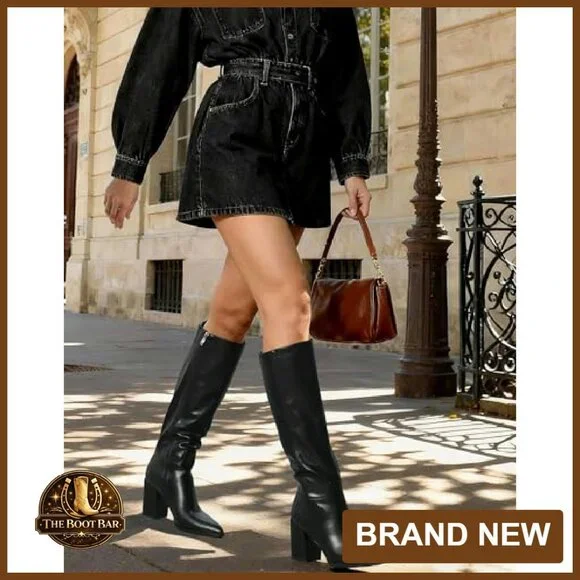 Women's Knee-High Boots Pointed Toe Block Heel Zipper Retro Fashion - Picture 3 of 8